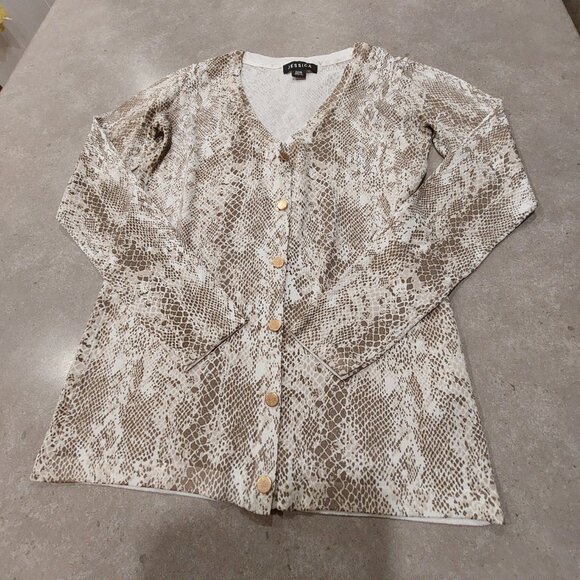 JESSICA Petite Women's Cream/Taupe Snakeskin Print Button Down L/S Cardigan XS - Picture 3 of 13
